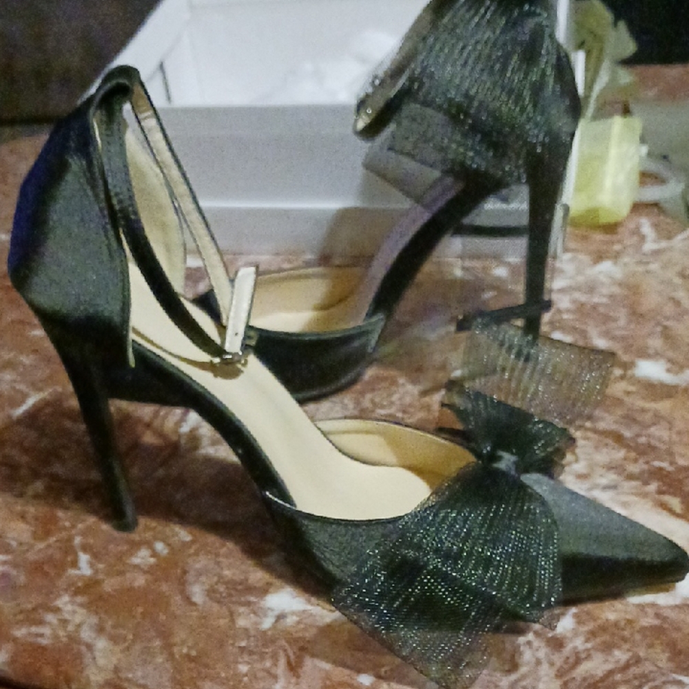 Elegant Black Pointed-Toe Ankle-Strap Heels with Bow Accent In Box